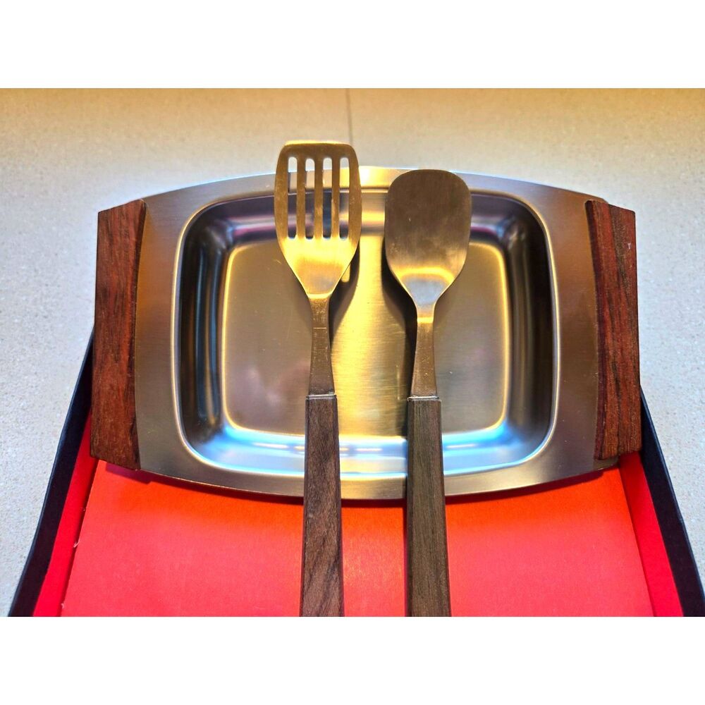 Vtg Mid-Century Stainless Steel & Wood Relish Tray w/Serving Fork & Spoon NIB
